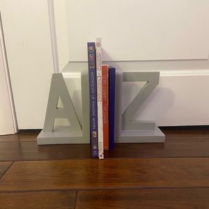 Gray A-Z bookshelf book holder frkm pottery barn